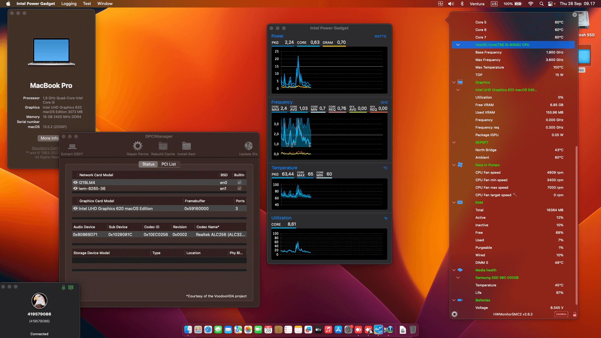 Success Hackintosh macOS Ventura 13.5.2 Build 22G91 in Dell Latitude 7490